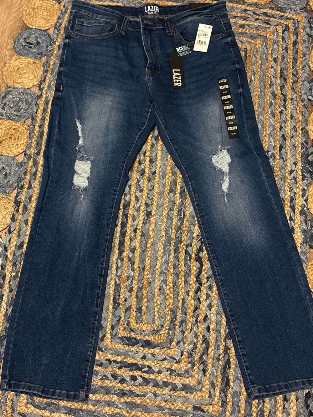 Men’s laser Distressed Dark Blue Jeans